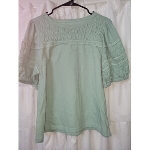 LOFT Mint‎ Green Smocked Lace Puff Sleeve Top Womens Large Knit Blouse 1322